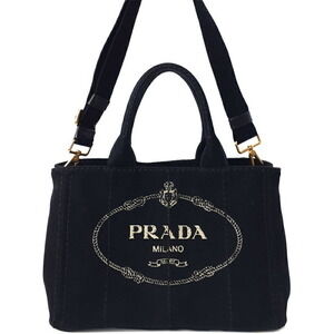 Prada Canapa Tote canvas handbag top handles 2way Black